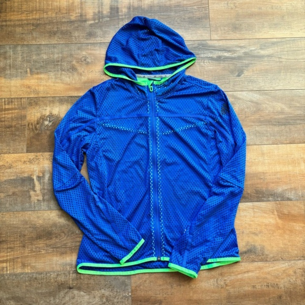 Adidas Original Women's Size M Blue Green Mesh Running Jacket with Ponytail Hood